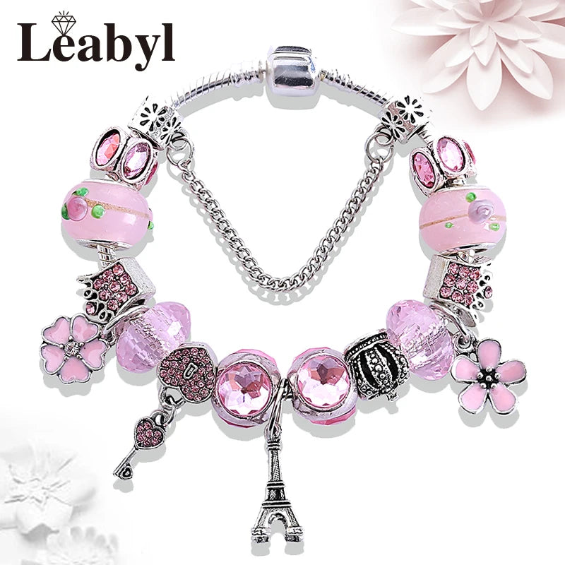Romantic Pink Heart Charm Bracelet Fine Crystal DIY Bead Bangle Gift