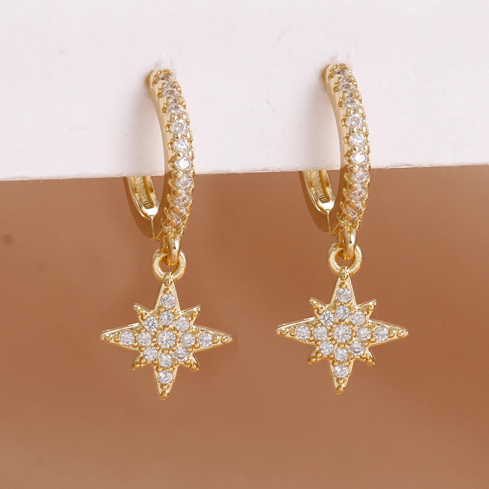 Luxury Stainless Steel Star Dangle Earrings Zircons Geometric Piercing