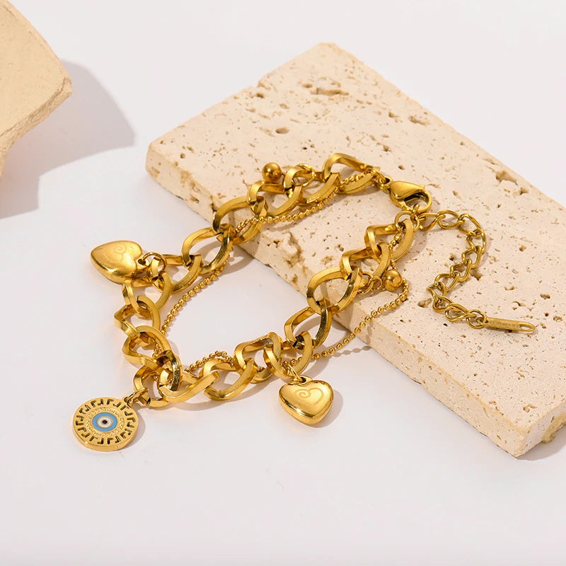 Gold Colour Multilayer Stainless Steel Charm Bracelet Men Women Bangle
