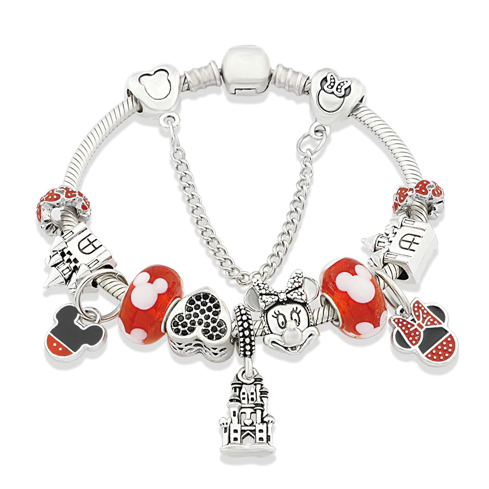 Red Pink Black Crystal Animal Charm Bracelet Heart Mickey Minnie Gift