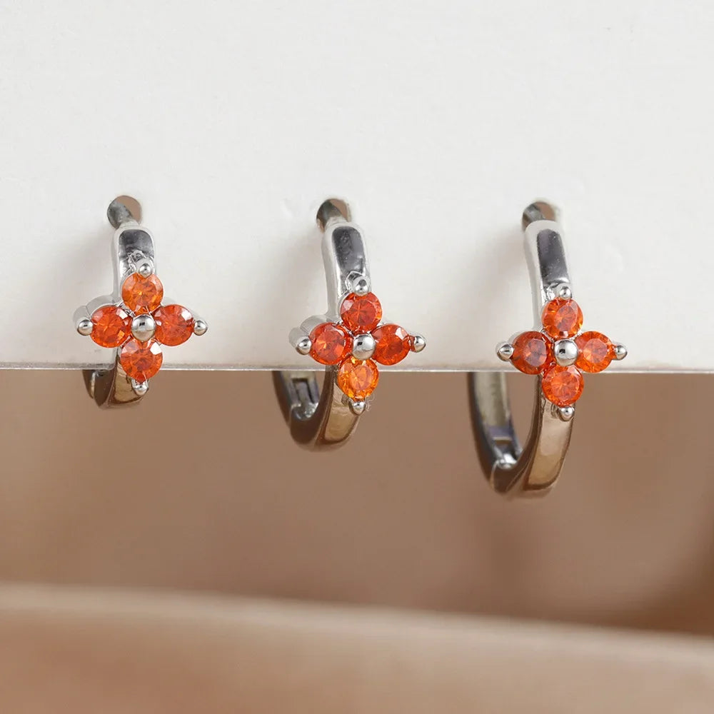 3PCS Simple Flower Zircon Hoop Earrings 18K Gold Plated Steel