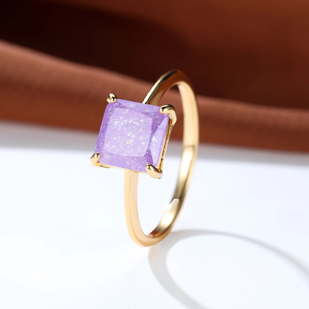 Delicate Purple Yellow Ice Flower Stone Square Rings For Women Silver Gold Color White Zircon Thin Wedding Bands Party Jewelry