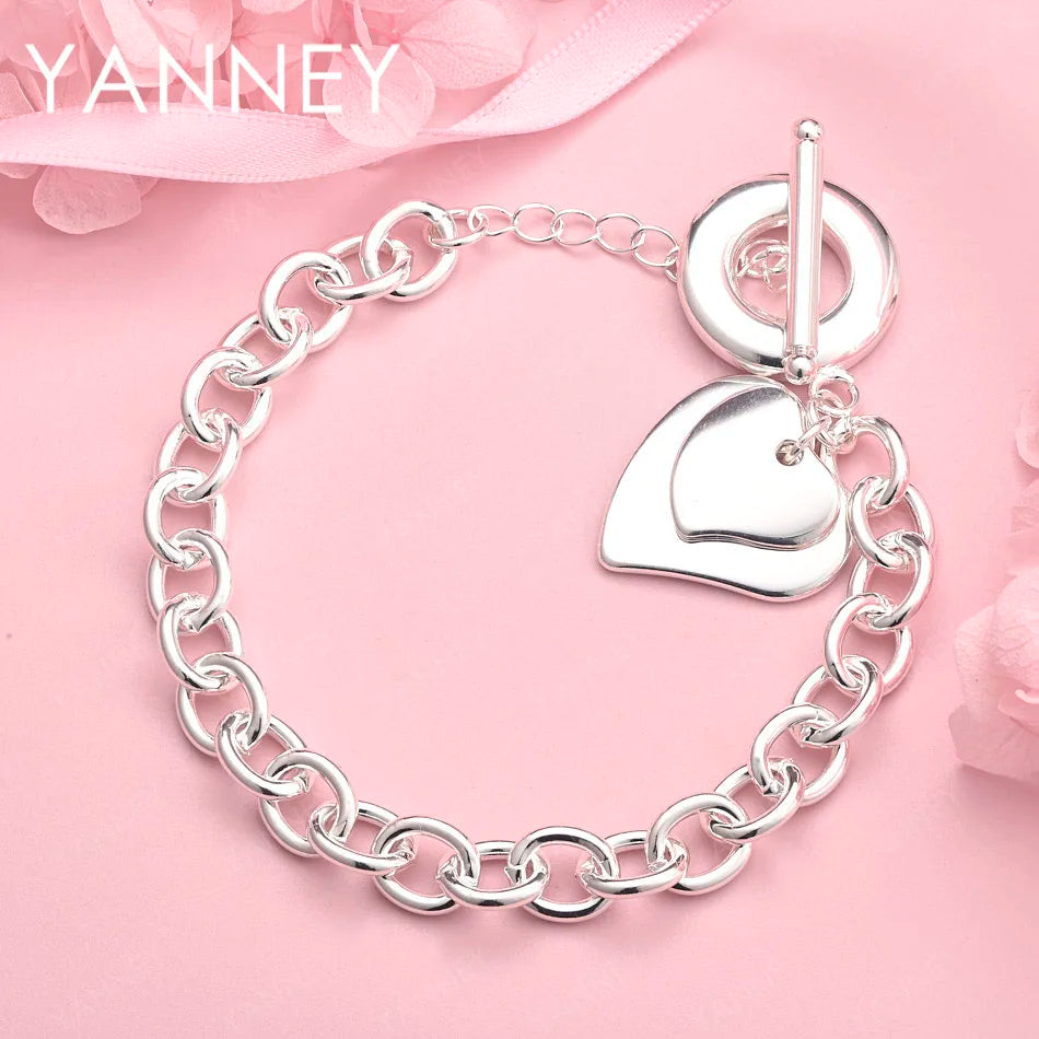 925 Sterling Silver 8-inch Double Layer Heart Bracelet Women Jewellery Gift