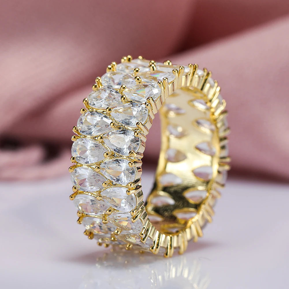 Luxury Female Crystal White Water Drop Zircon Stone Engagement Ring Cute Yellow Gold Color Wedding Jewelry For Women