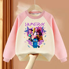 Girls O-Neck Spliced Long Sleeve Hoodies Cartoon Print Casual Pullovers