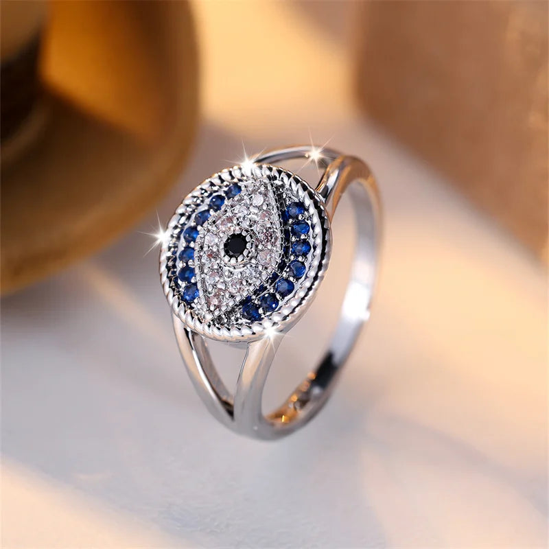 Two Tone Blue White Zircon Single Eye Rings For Women Silver Color Vintage Wedding Bands Promise Engagement Party Jewelry Gifts