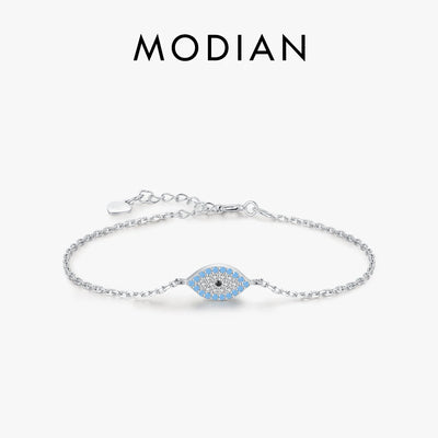 MODIAN Pure 925 Sterling Silver Fashion Natural Turquoise Blue Eyes Bracelet Chain Link For Women Pave Setting CZ Fine Jewelry
