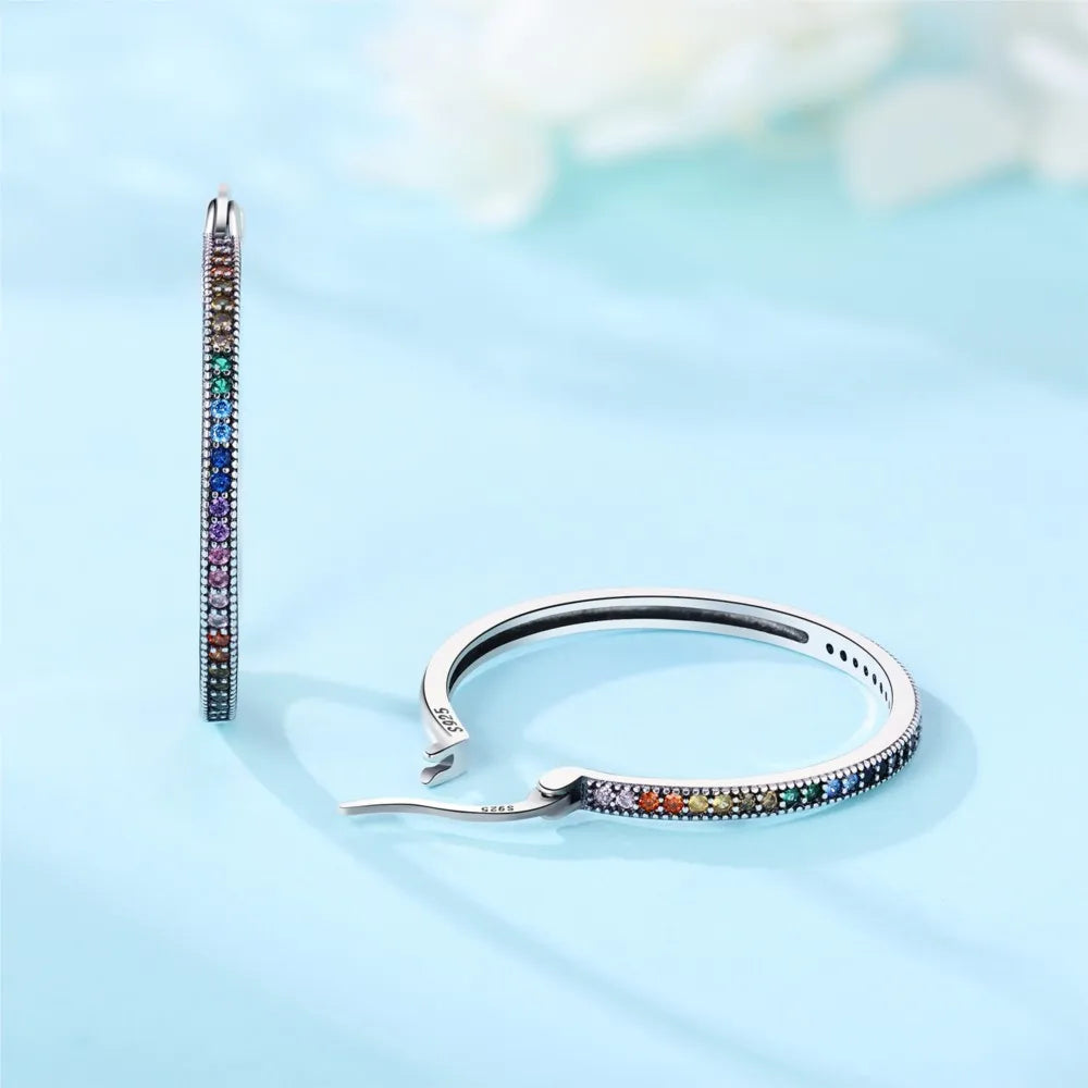925 Sterling Silver Rainbow Gradient Versatile Hoop Earrings Fine Birthday Gift