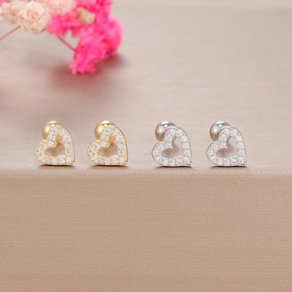 1Pair Stainless Steel CZ Zircon Heart Earrings Gold Colour Studs