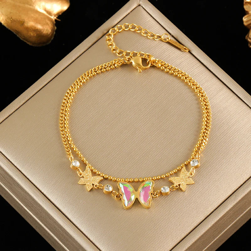 Gold Colour Stainless Steel Charm Bracelet Trendy Textured Jewellery