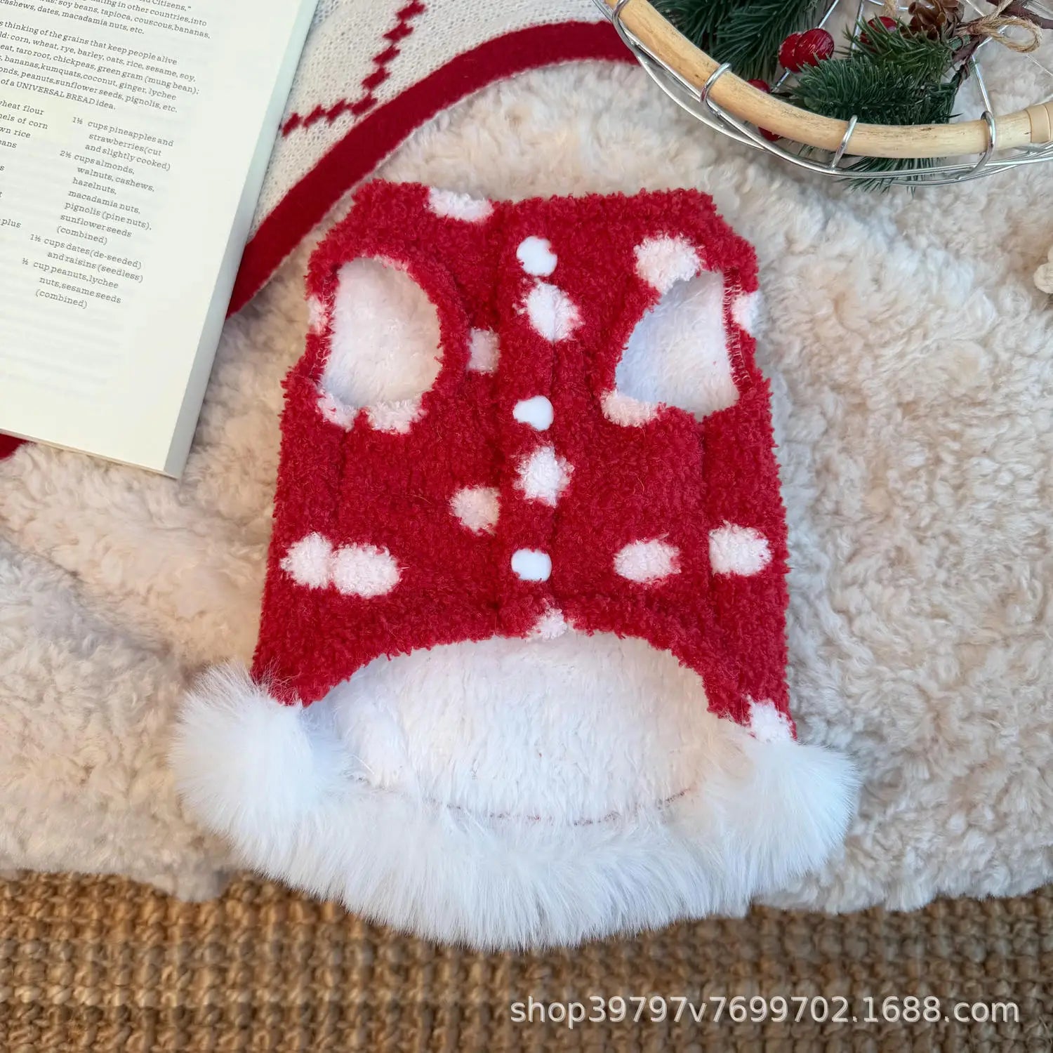 Cute Red Cherry Dog Vest, Soft Plush Pet Harness Vest with Leash Ring, Warm Puppy Kitten Clothing for Small Medium Cats Dogs