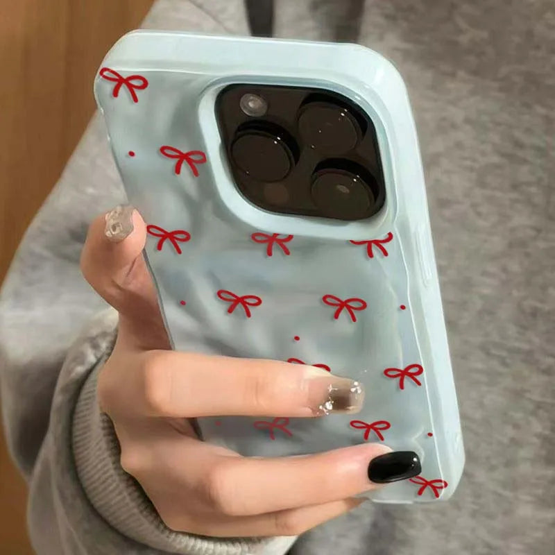 Red Bow Dots Texture Case for iPhone 17 16 15 14 13 12 11 Pro Max Plus Soft