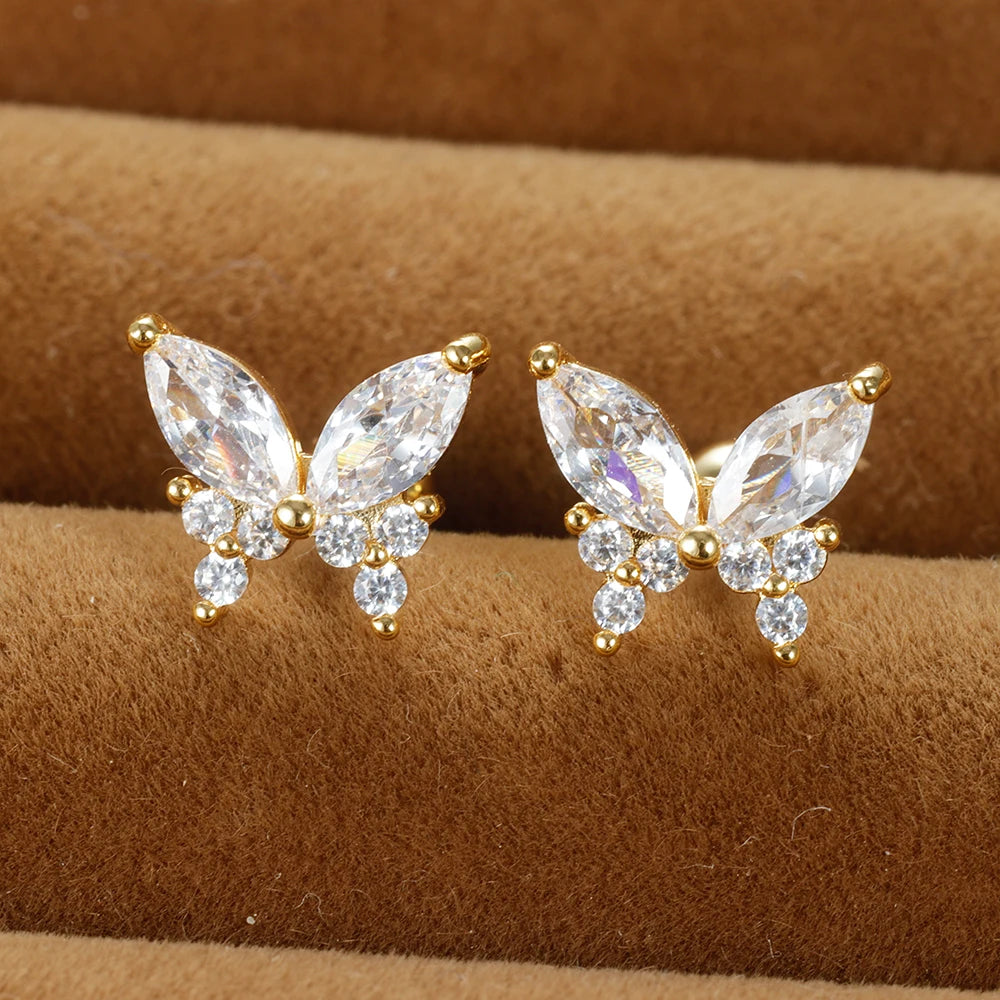 Vintage Gold Plated Stainless Steel Butterfly Studs Snowflake Zircon