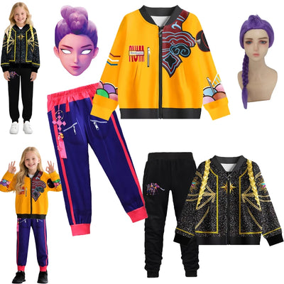 Girls Kpop Demon Hunters Rumi Cosplay Costume Coat & Pants 2PC Halloween Suit