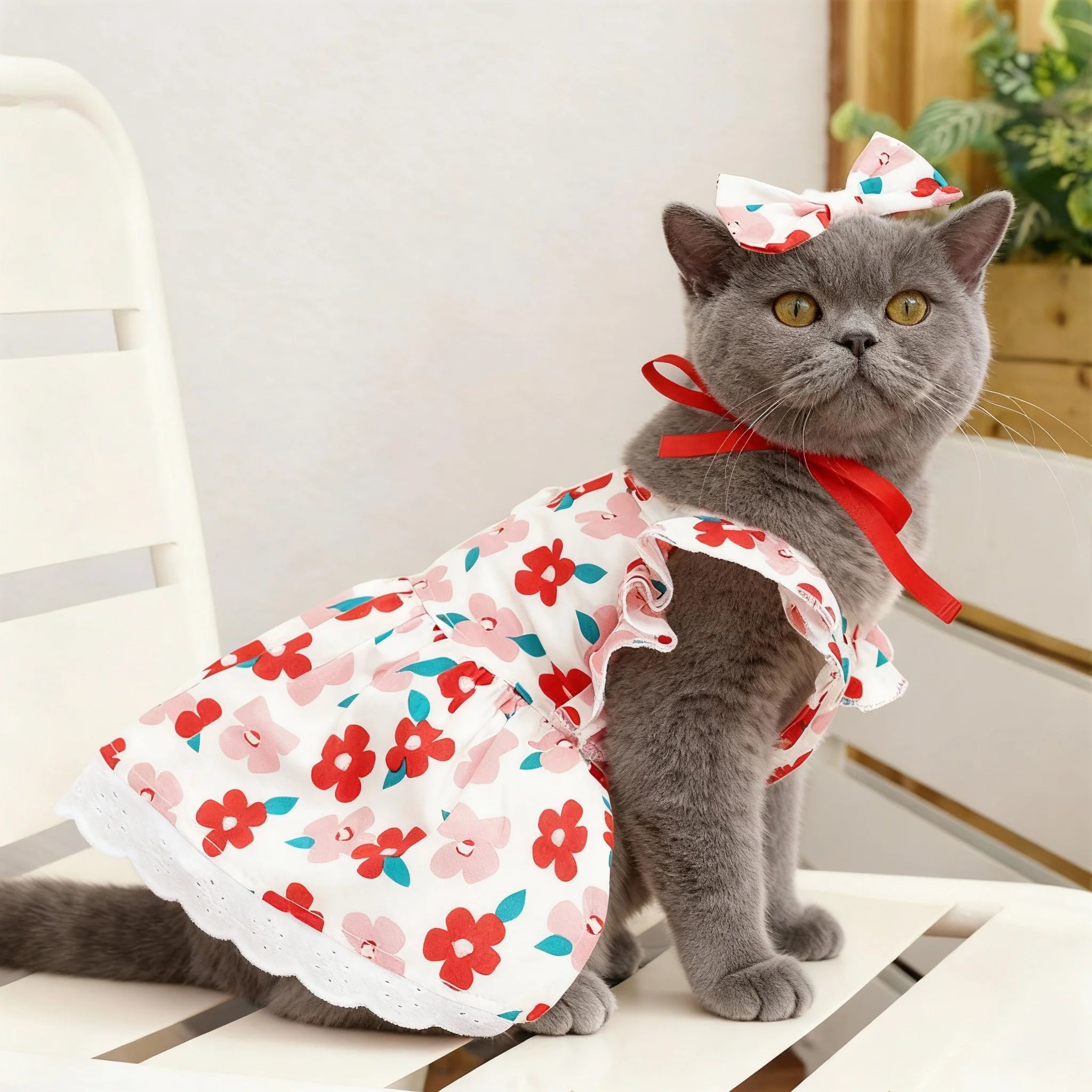 Sweet Bow Dog Cat Dress Set, Floral Lace Party Dress with Bow Tie, Cute Photoshoot Outfit for Small Medium Pets, Special Occasio