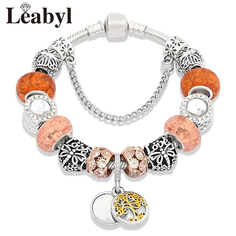 Tibetan Silver Tree of Life Charm Bracelet Green Crystal Flower Bead DIY