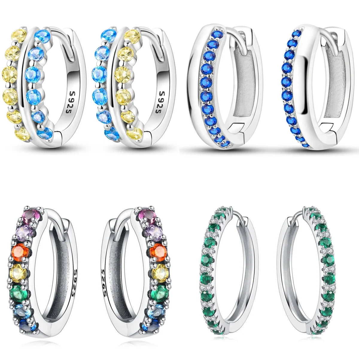 925 Sterling Silver Sparkling Blue Yellow Zircon Hoop Earrings Jewellery Gift