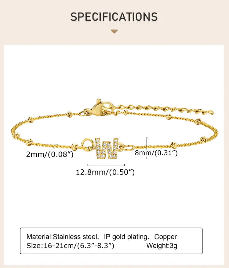 Charms Pave Initial Letter Bracelet, Paperclip Satellite Chain Stainless Steel Gold Plated, Handmade Jewelry for Women