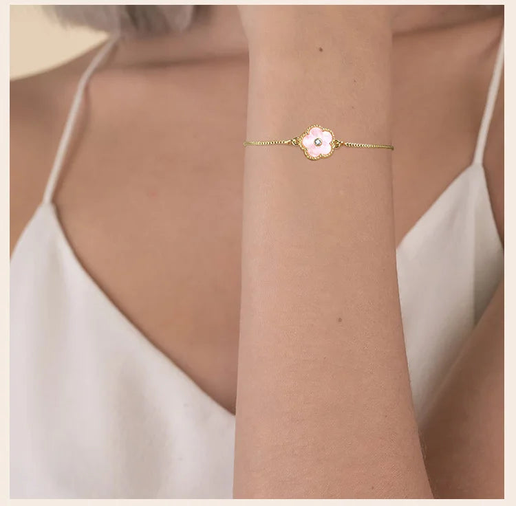 Stainless Steel Leaf Flower Bracelet Adjustable Woman Girl AAA Zirconia Inlay Christmas Gift
