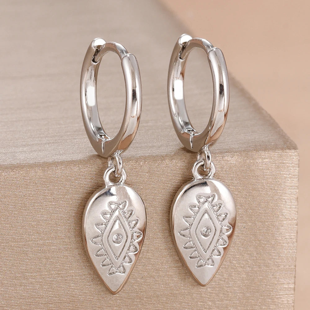 2PCS Fashion Stainless Steel Leaf Evil Eye Dangle Earrings 14K Gold