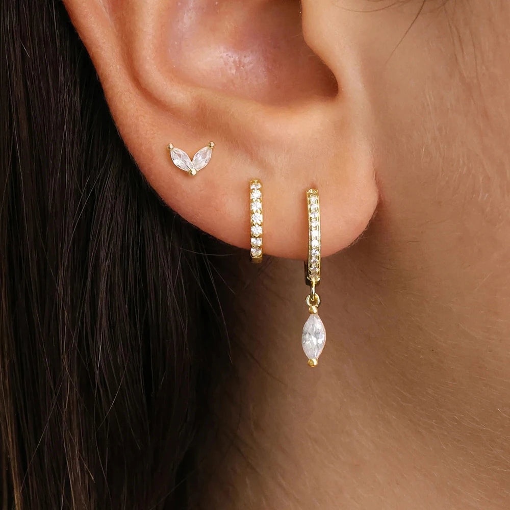 3PCS Gold Plated Chain Zircon Hanging Earrings Stainless Steel Flower