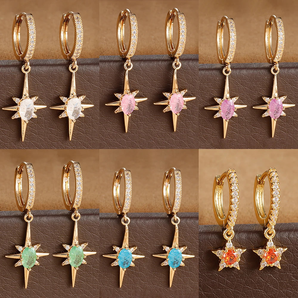 Luxury Crystal Zirconia Star Hoop Earrings Gold Plated Geometric