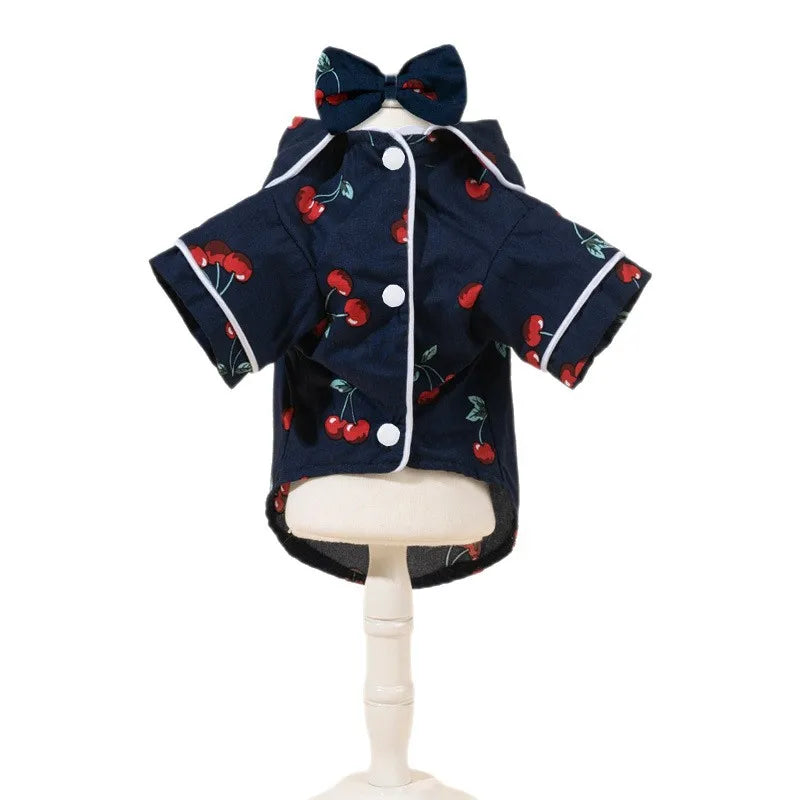 Cherry Print Cat Dog Pajamas Set Soft Warm Sleepsuit with Flower Headband