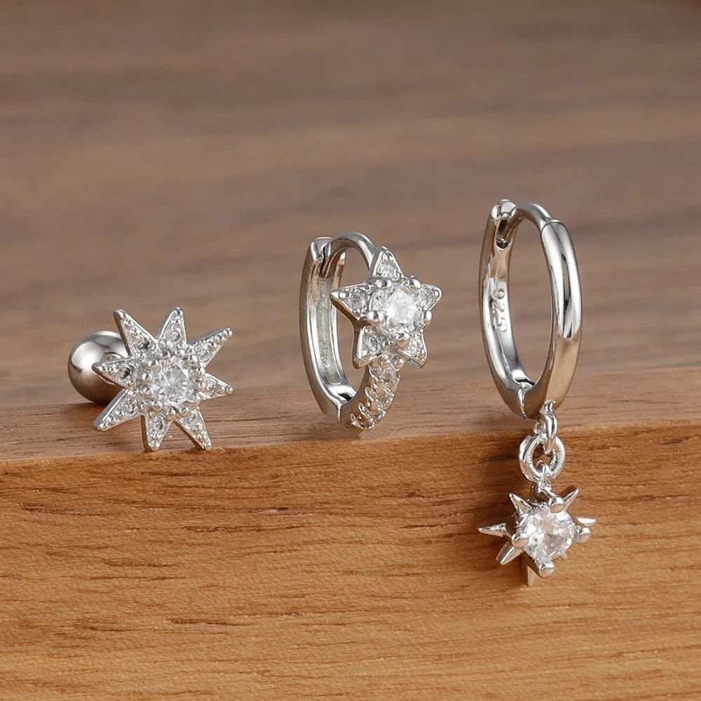 3PCS Gold Sparkling Zircons Star Dangle Earrings Set for Women
