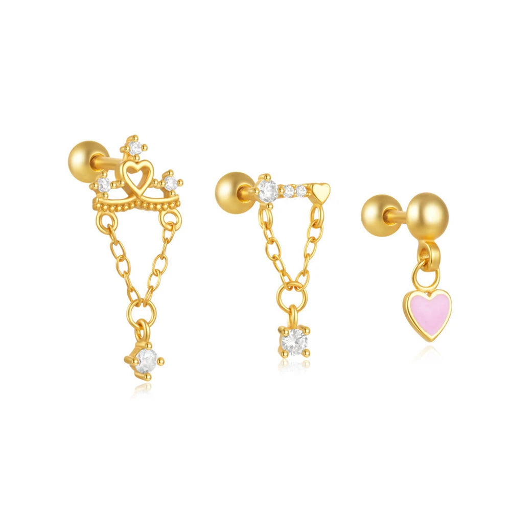 3PCS Stainless Steel Heart-Shaped Dangling Earrings Tassel Chain