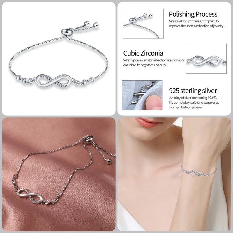 925 Silver 17-20CM Heart Pave Zirconia Original Bracelets Infinity Bracelet Fit DIY Charms Bead Birthday Jewelry Gifts Hot Sale