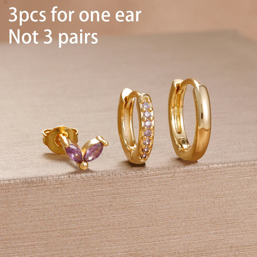 3PCS Purple Zircon Hoop Earrings for Women Stainless Steel Gold Pendant