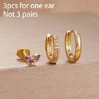 3PCS Purple Zircon Hoop Earrings for Women Stainless Steel Gold Pendant