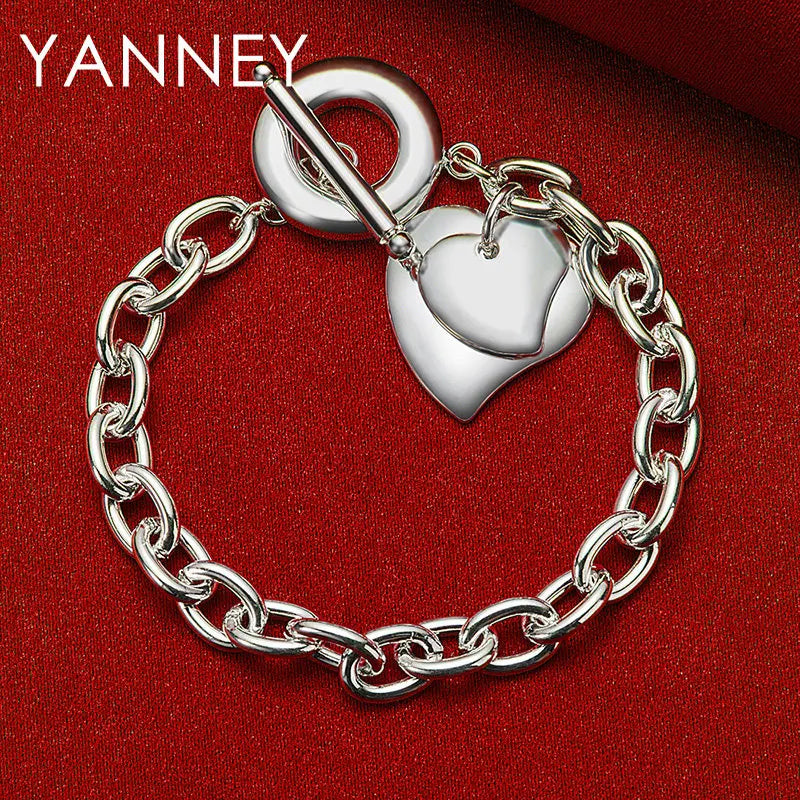 925 Sterling Silver 8-inch Double Layer Heart Bracelet Women Jewellery Gift