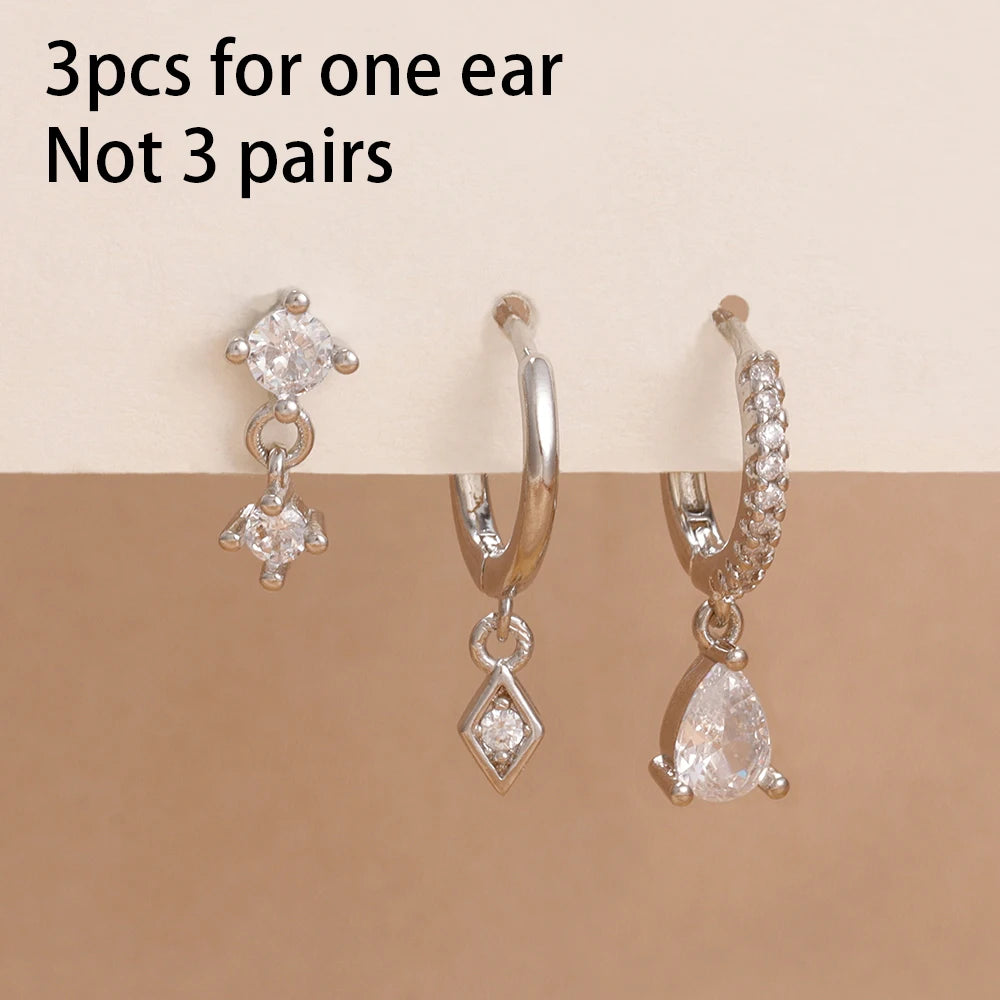 3PCS Stainless Steel Rhombus Pendant Hoop Earrings 18K Gold Plated