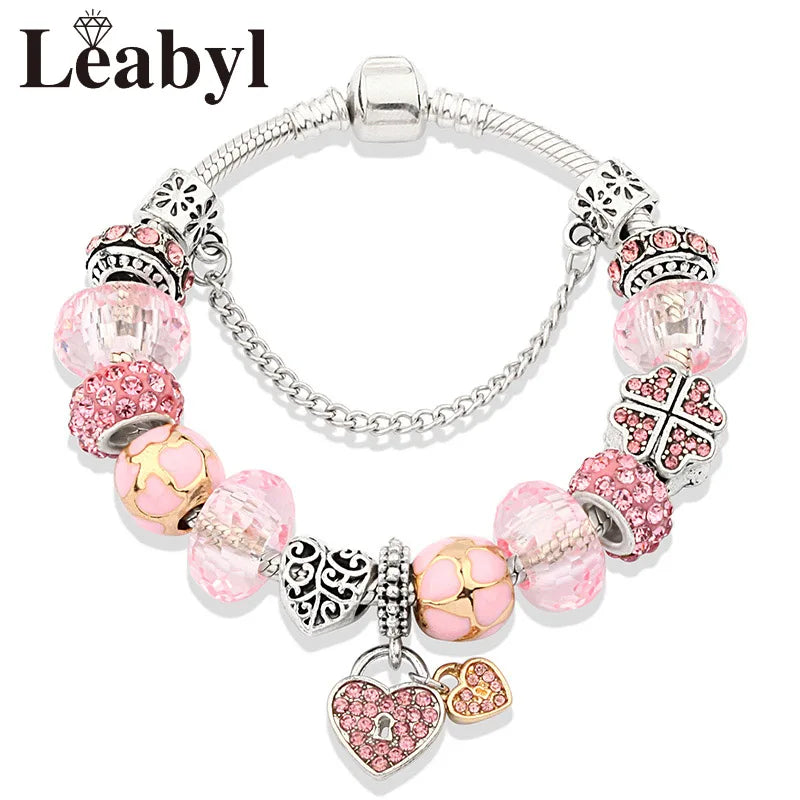 Romantic Pink Heart Charm Bracelet Fine Crystal DIY Bead Bangle Gift