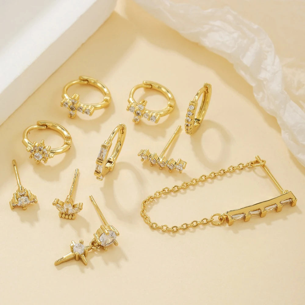 New Stainless Steel Zircon Star Cross Hoop Earring Gold y2k Crown