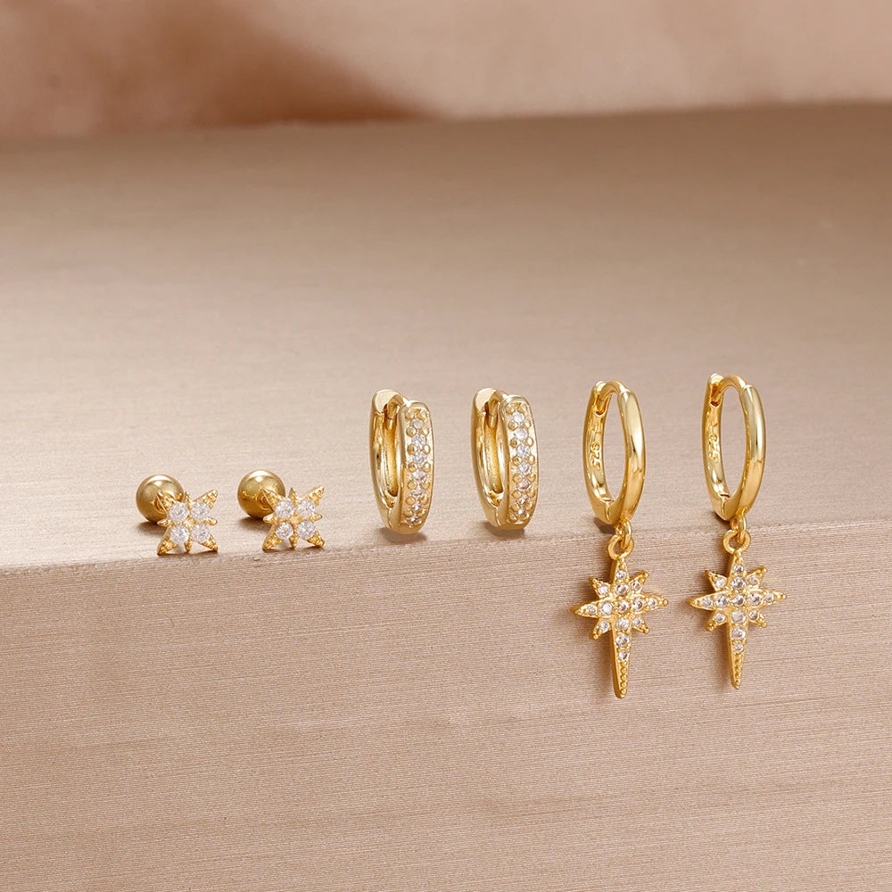 6PCS Exquisite Zircon Geometric Circle Earrings Set Gold Colour Steel
