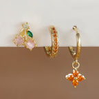 3PCS Stainless Steel Orange Zirconia Flower Pendant Hanging Earrings Set