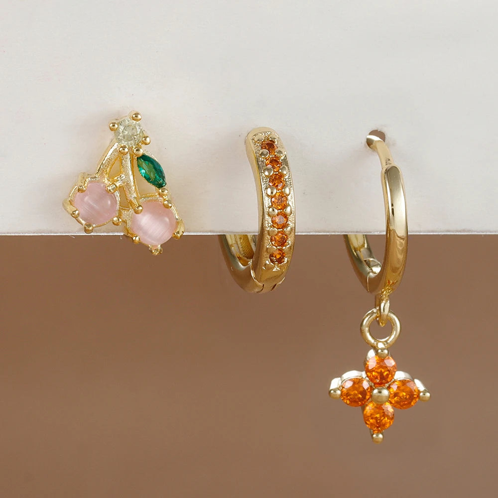 3PCS Stainless Steel Orange Zirconia Flower Pendant Hanging Earrings Set