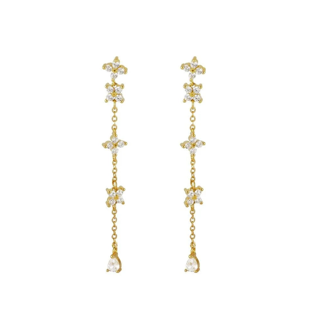 French Design Gold Colour Long Chain Flower Dangle Earrings Zircon