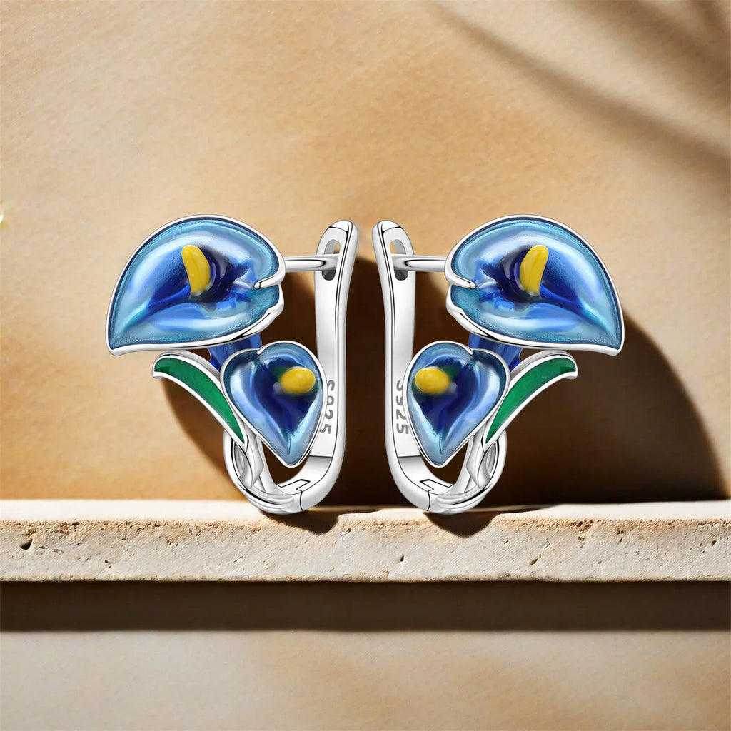 925 Sterling Silver Blue Horseshoe Lotus Ear Studs Hoop Earrings Trendy Gift