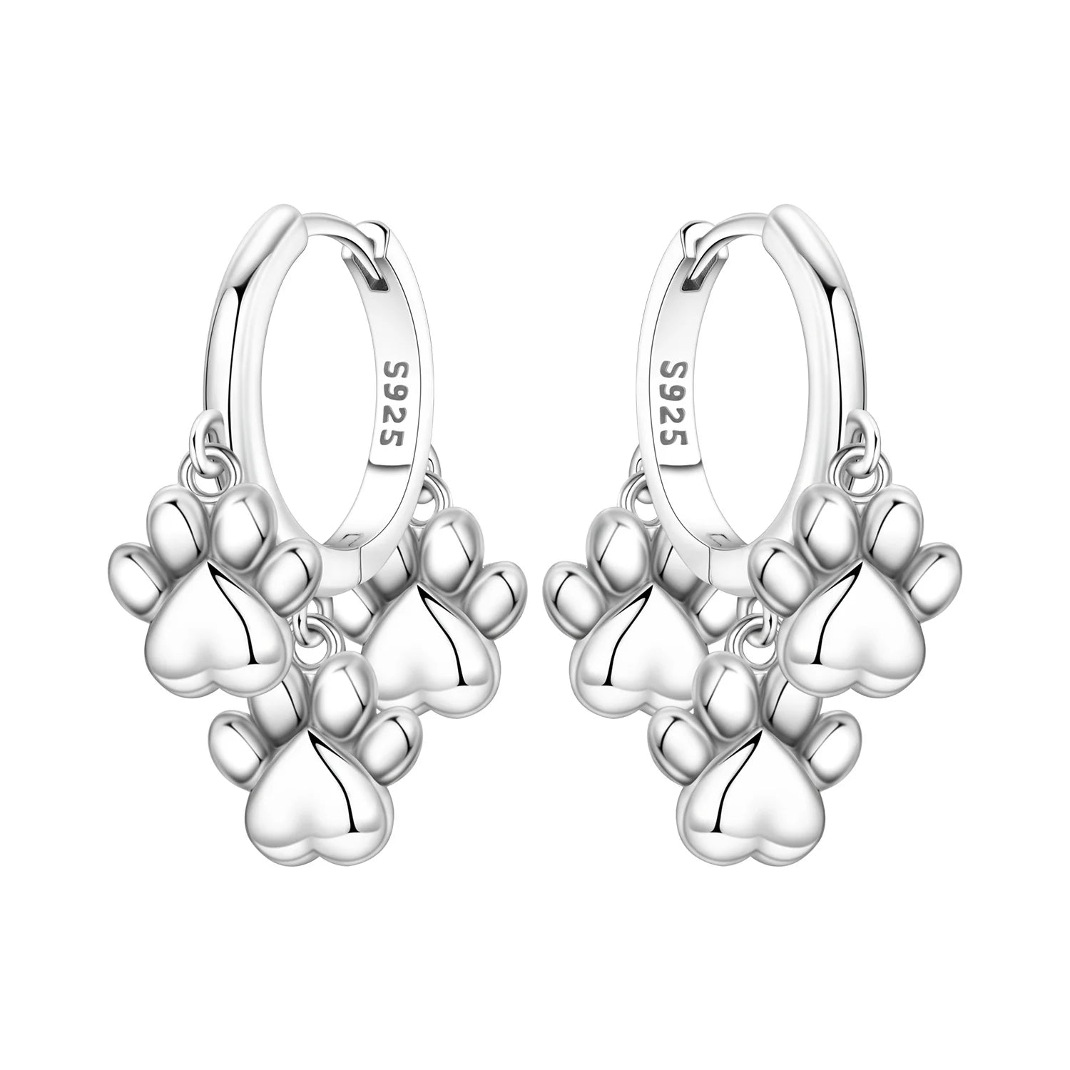 925 Sterling Silver Double Layer Pet Paw Print Drop Earrings Fashion Gift