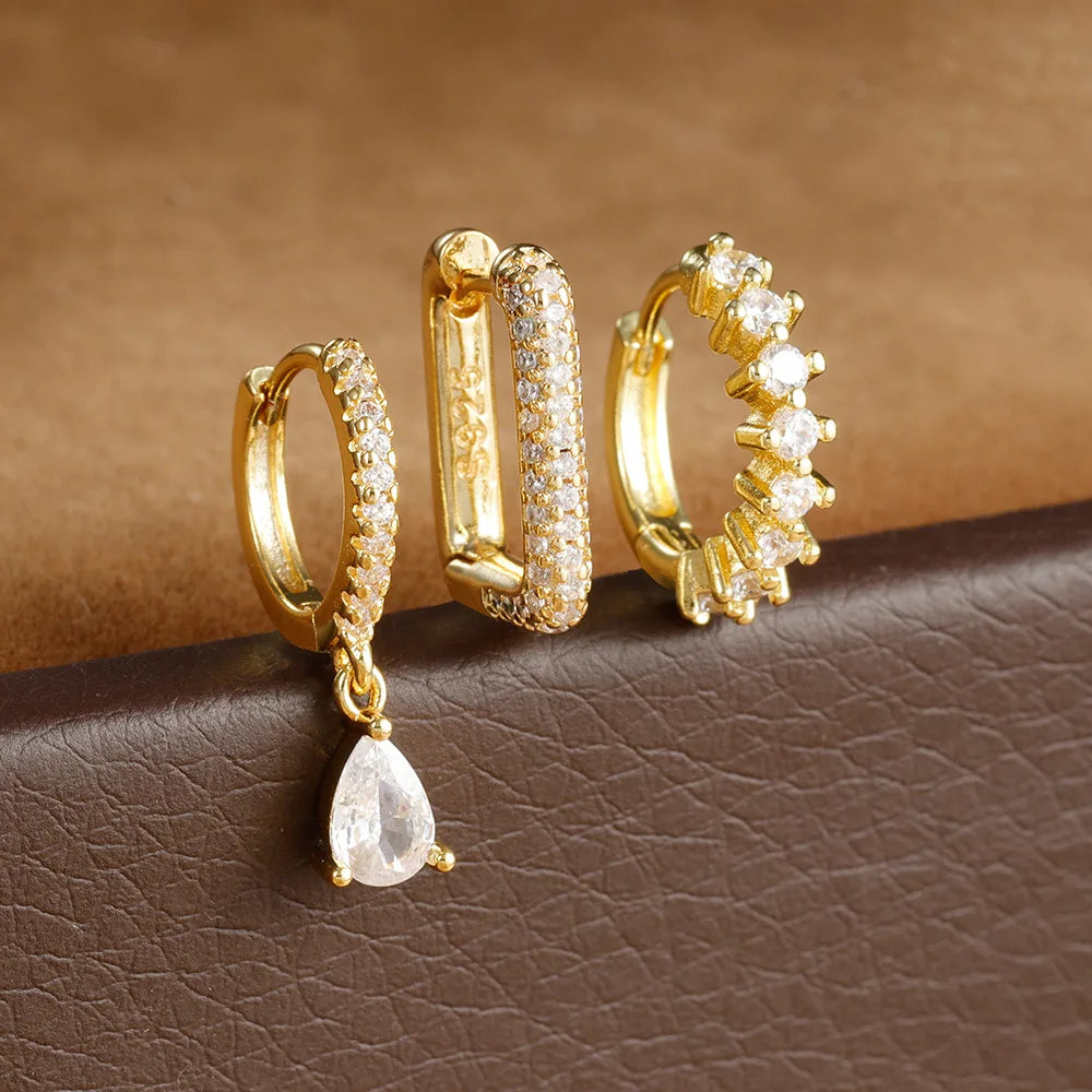 3PCS Stainless Steel Horse Eye Zircon Round Small Hoop Earrings Set