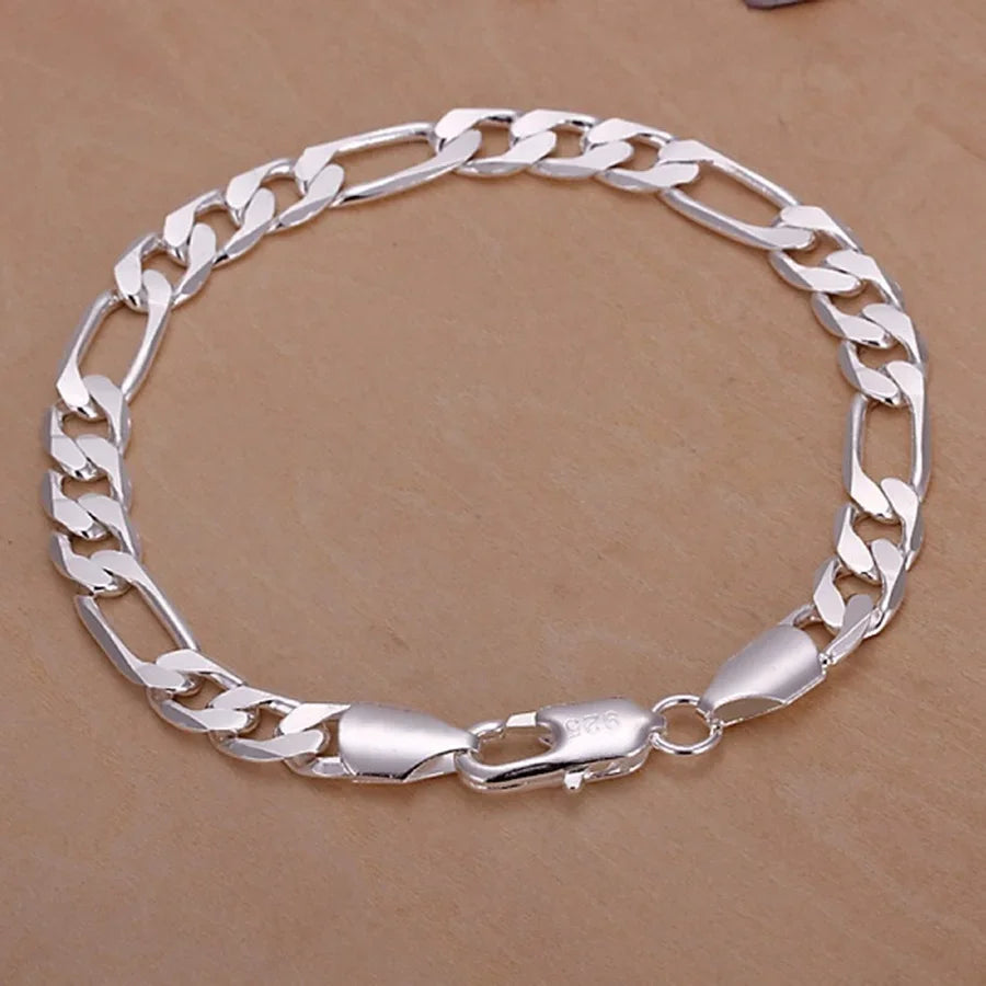6-8mm Figaro Chain Bracelet 20cm 925 Sterling Silver Men Women Wedding Gift