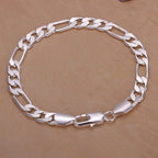 6-8mm Figaro Chain Bracelet 20cm 925 Sterling Silver Men Women Wedding Gift