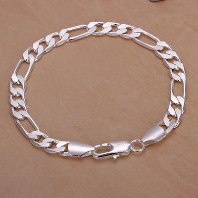 6-8mm Figaro Chain Bracelet 20cm 925 Sterling Silver Men Women Wedding Gift