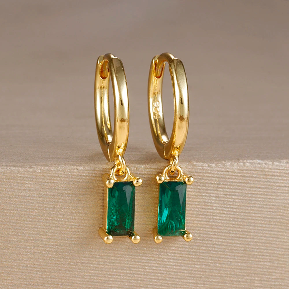 Exquisite Green Zircon Flower Hoop Earrings 18K Gold Plated Steel