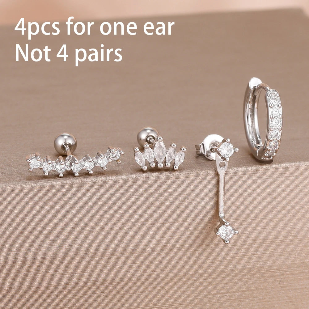 4pcs Korean Stainless Steel Zircon Water Drop Piercing Earrings Set