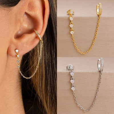 1PC Simple Stainless Steel Gold Colour Chain Tassel Zircon Stud