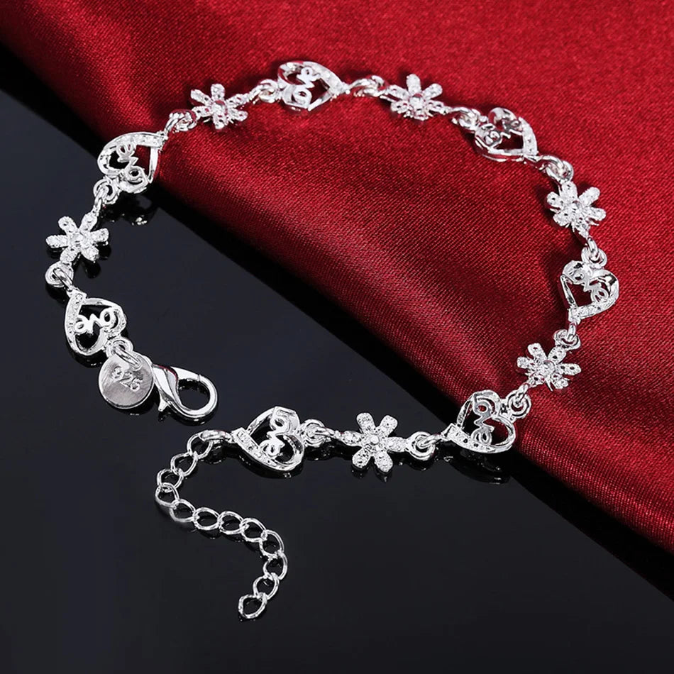 Crystal Heart Flower Chain Bracelet 925 Sterling Silver Romantic Wedding